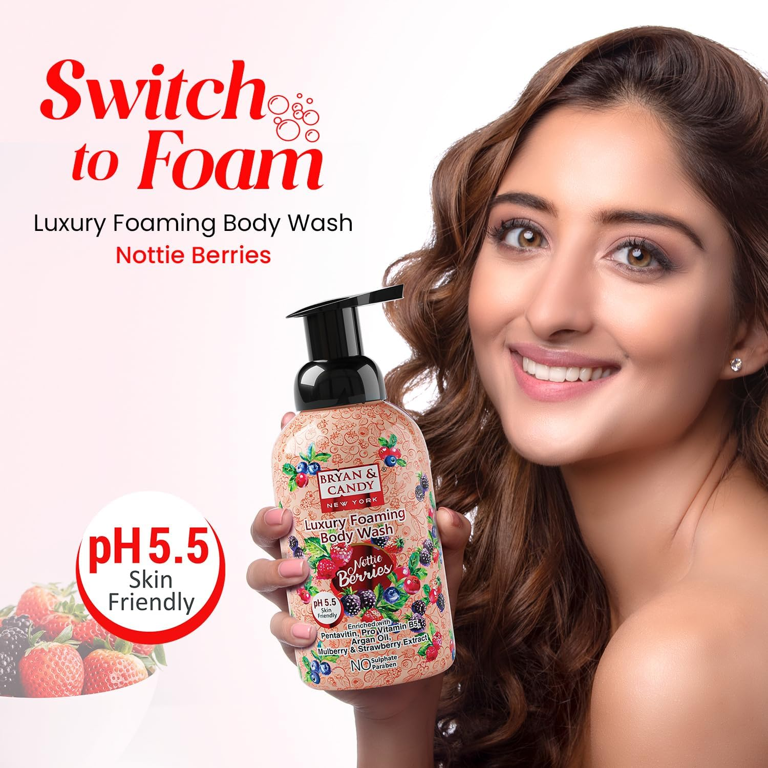 Bryan & Candy Nottie Berries Luxury Foaming Body Wash with Pentavitin, Pro Vit B5, Argan Oil, Mulberry & Strawberry Extract, Skin Friendly Ph 5.5, All Skin Types, 400 Ml image number 4