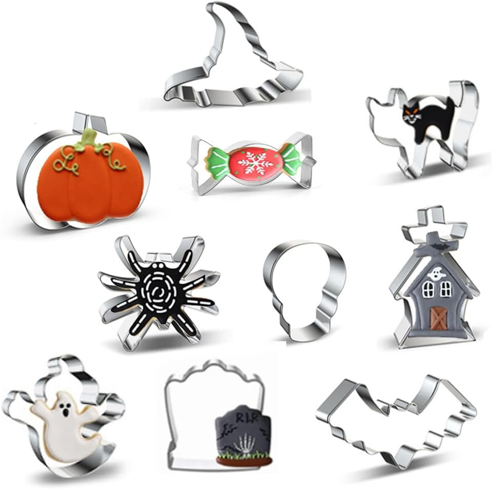 Halloween Stainless Steel Cookie Cutters Set, 10 Piece Metal Cookie Cutters, Halloween Themed Biscuits Cutter Shapes of Pumpkin, Ghosts, Bat, Black Cat, Skull, Spider