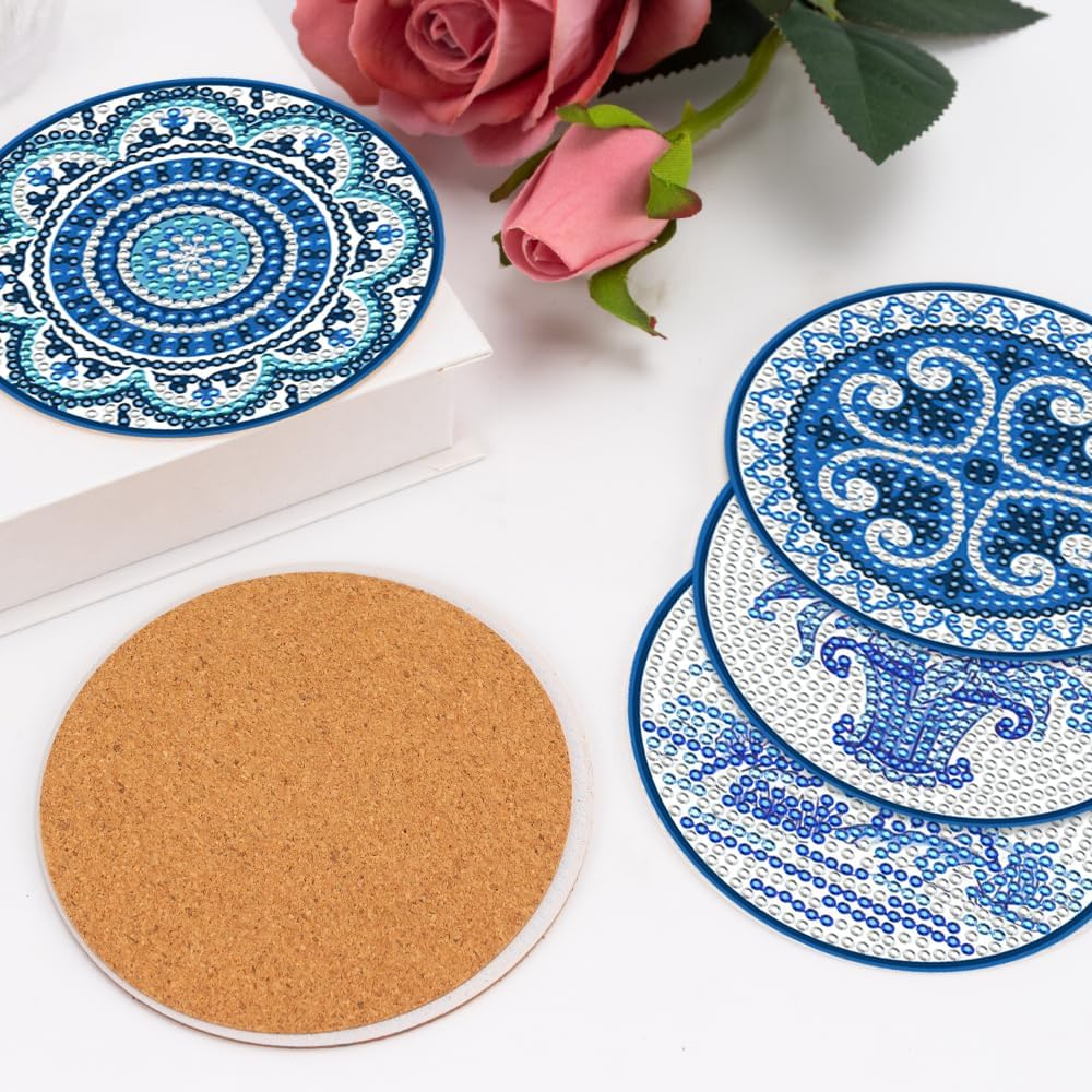 8 Pcs Diamond Art Painting Coasters with Holder, DIY Blue Watercolor Flowers Diamond Art Painting Kits for Beginners, Gift image number 2