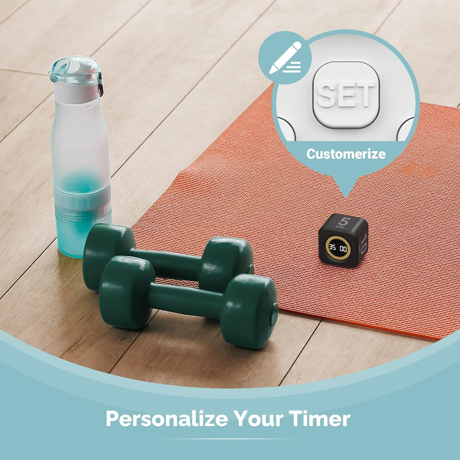 KADAMS Rotating Visual Timer Productivity Pomodoro Cube, 5/10/25/50 Min Countdown Customizable Stopwatch Silent Mode &ndash; Ideal for Work, Study, Cook Workout Kitchen School Classroom, Office Black - White image number 4