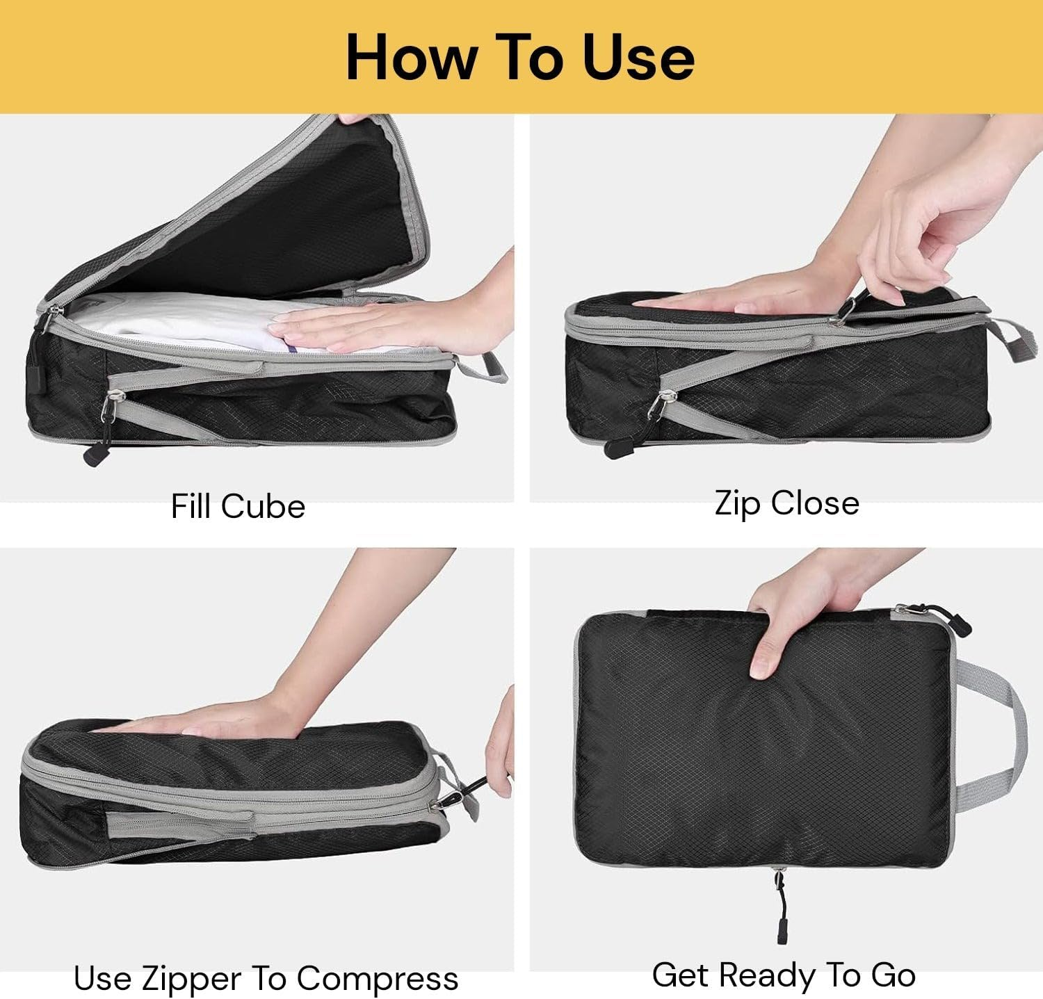 Spendeal 3PCS Compression Packing Cubes for Travel Packing Organisers Vacation with Double Smooth Zipper, Luggage Suitcase Organizer Bags, Expandable Packing Organizers (Black) image number 3