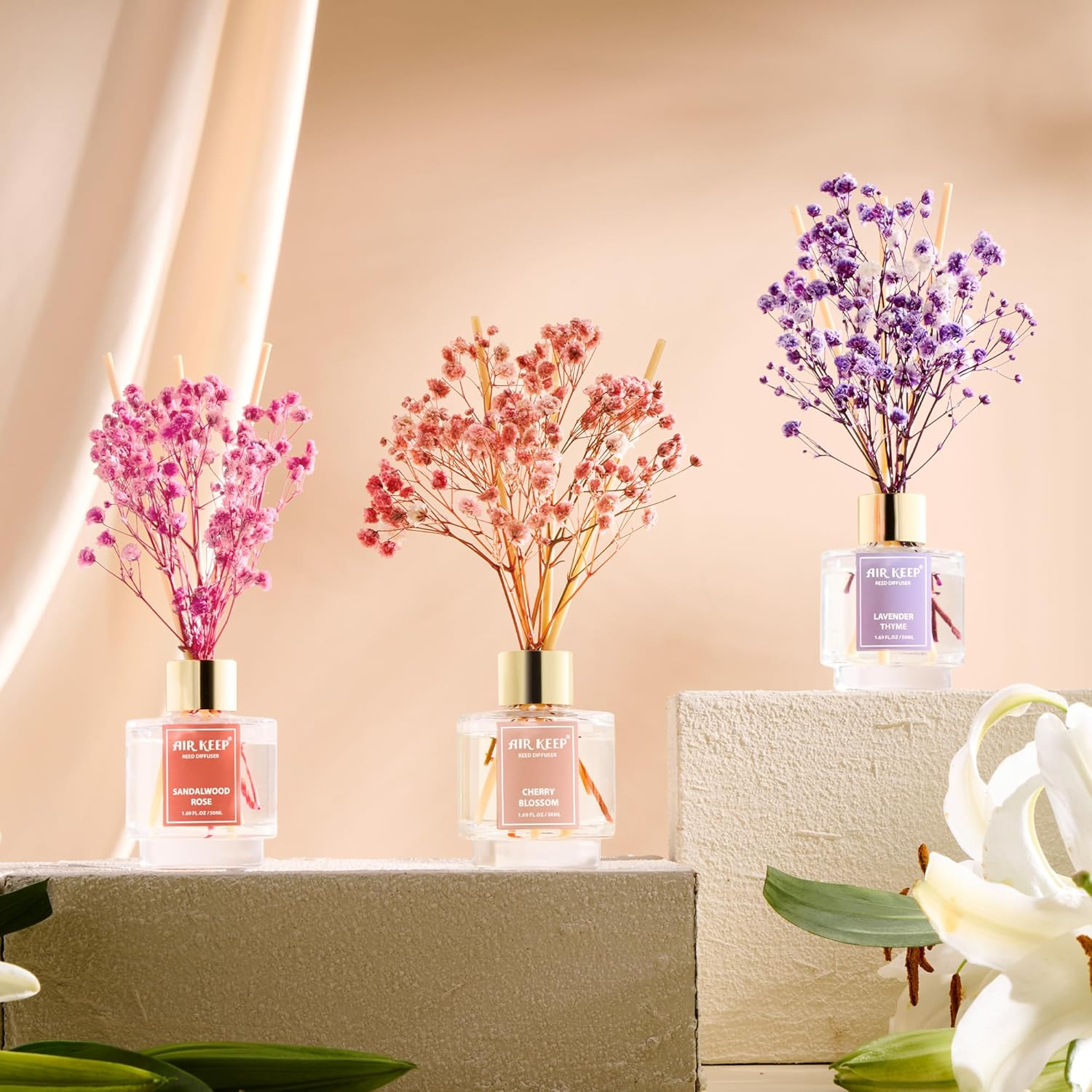 Airkeep Reed Diffuser Set of 3, Lavender Thyme Sandalwood Rose Cherry Blossom Oil Reed Diffusers for Bedroom Living Room Office Aromatherapy Oil Reed Diffuser for Gift 50Ml X 3 image number 2