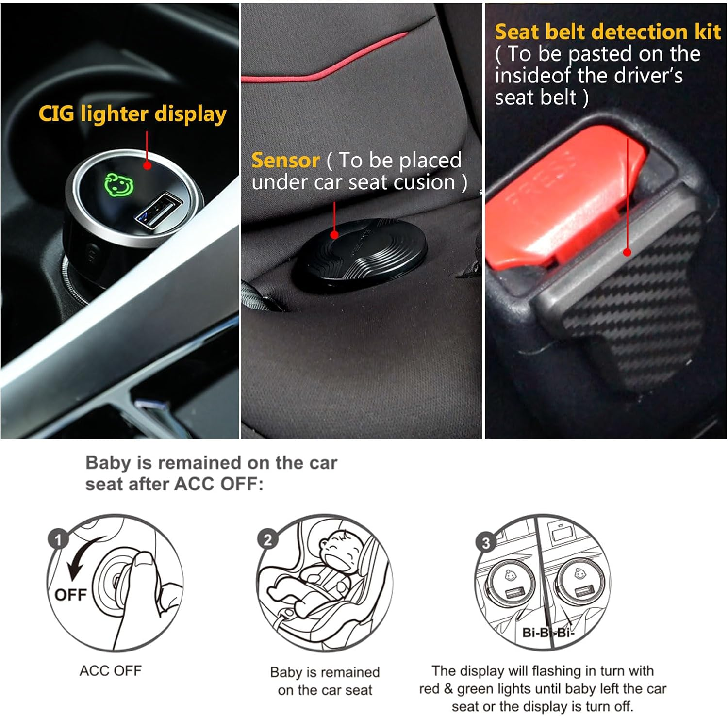 STEELMATE Baby Car Seat Reminder-Automotive Baby Seat Alarm System, Baby in Car Reminder Warning with Light and Sounds Remind When Power off or Unbuckle image number 1
