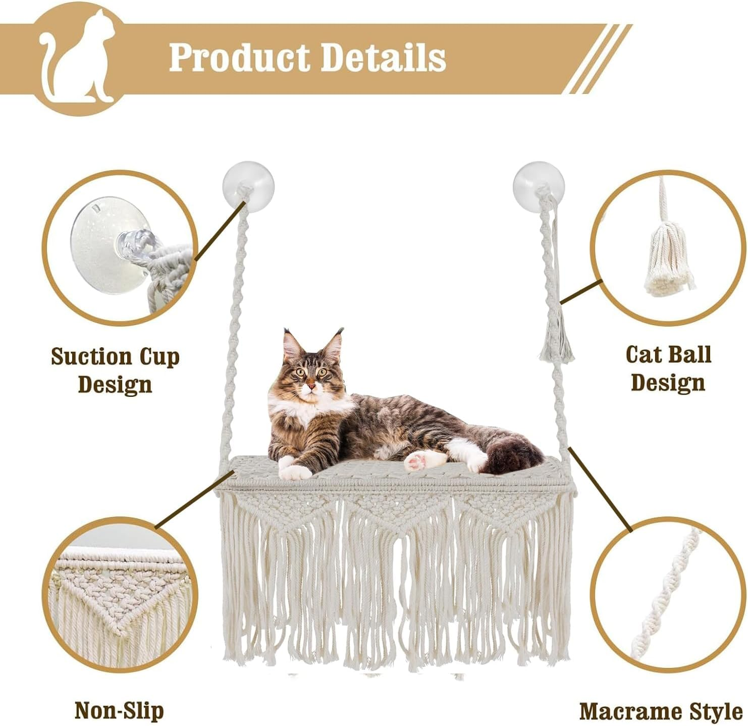Cat Window Perch, Macrame Cat Hammock Boho Wall Mounted Pet Resting Seat Bed for Sunbathing, Napping & Overlooking with 4 Seat Suction Cups(No Pet Mat Included) image number 2