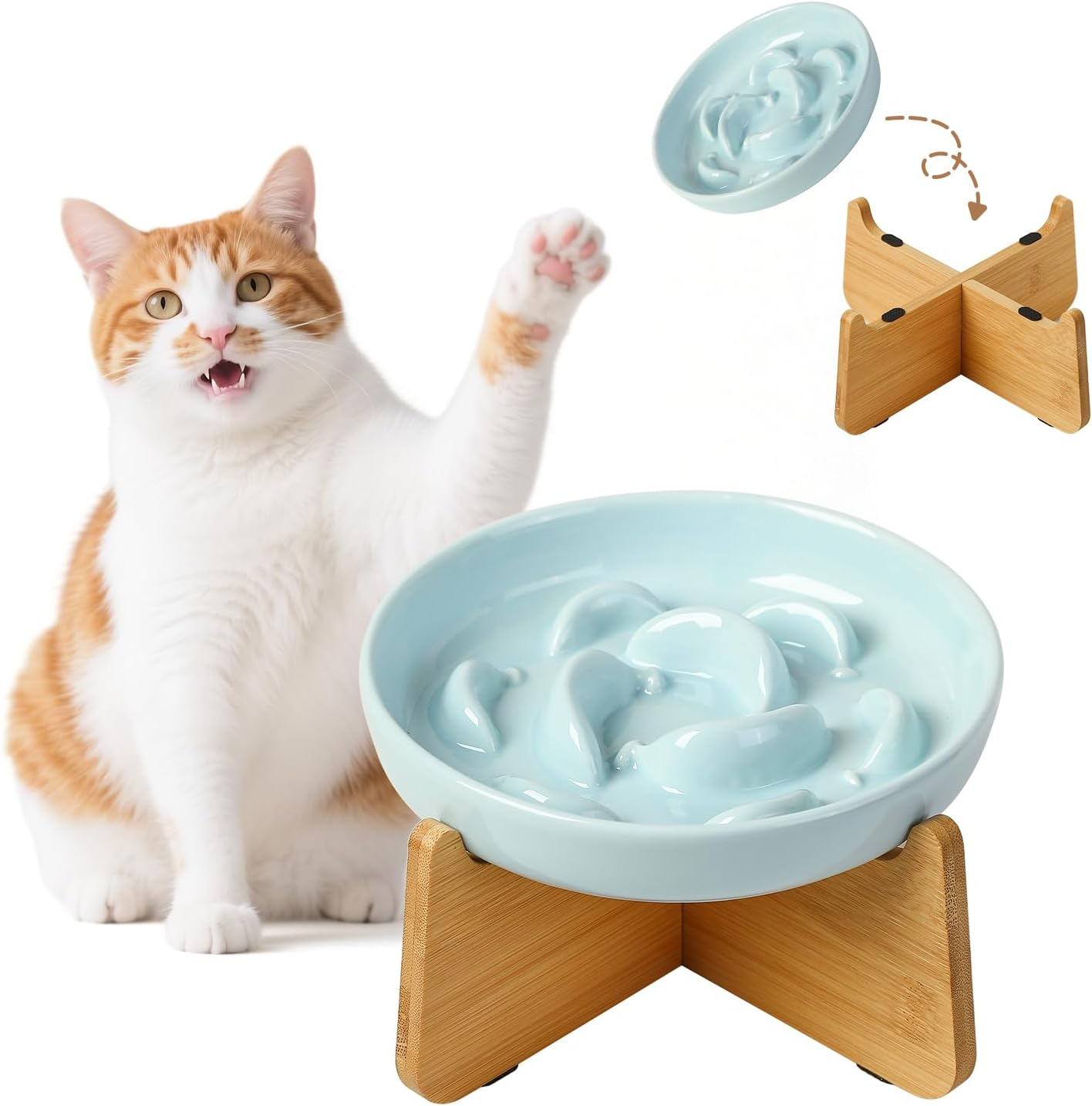 Ceramic Pastel Series Slow Feeder Bowl - Cute Maze Cat Food Plate for Healthy Eating - Fun Puzzle Feeder Dish - Dishwasher Safe - 6.3''W X 1.2''H - 7 OZ - Pale Blue