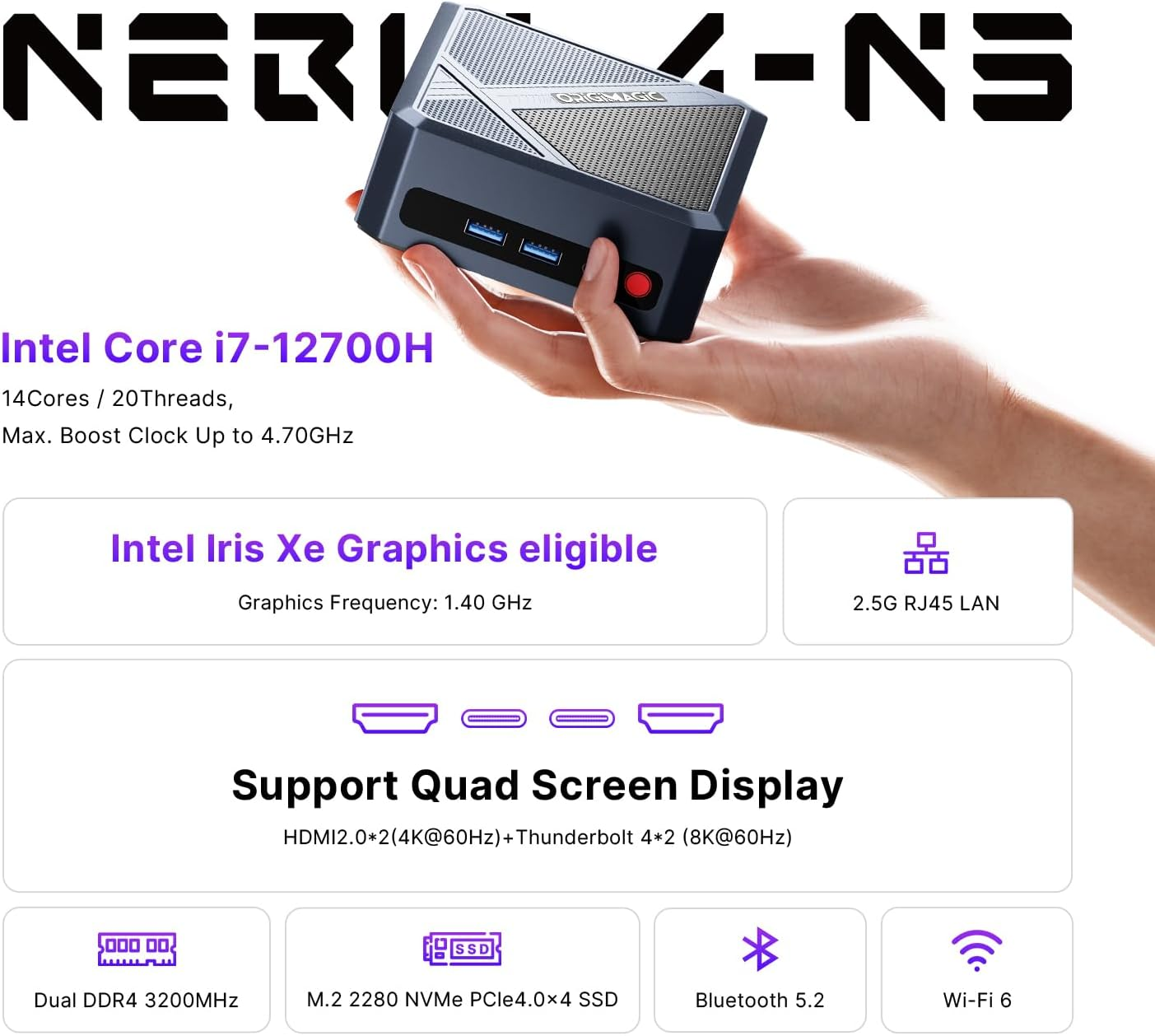 Gaming Mini PC ORIGIMAGIC N3,Windows 11 Pro Intel Core I7-12700H 32GB DDR4 3200Mhz 512GB M.2 Nvme SSD | 2.5G LAN | Wi-Fi 6 | Bluetooth 5.2 | USB 3.2Gen2*3 | Quad Display(2*Hdmi+2*Thunderbolt 4) image number 1