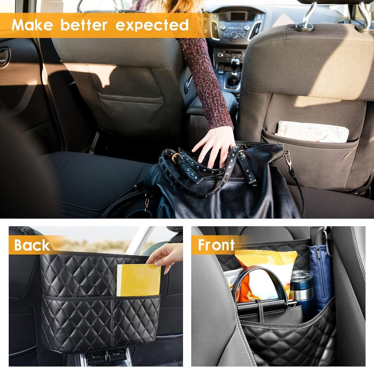 Car Handbag Holder Car Net Pocket PU Bag, 1Pc PU Leather Car Pocket Handbag Holder, Car Net Pocket Handbag Holder Car Seat Side Storage Bag, Car Net Pocket Handbag Holder, PU Leather Handbag Holder image number 1