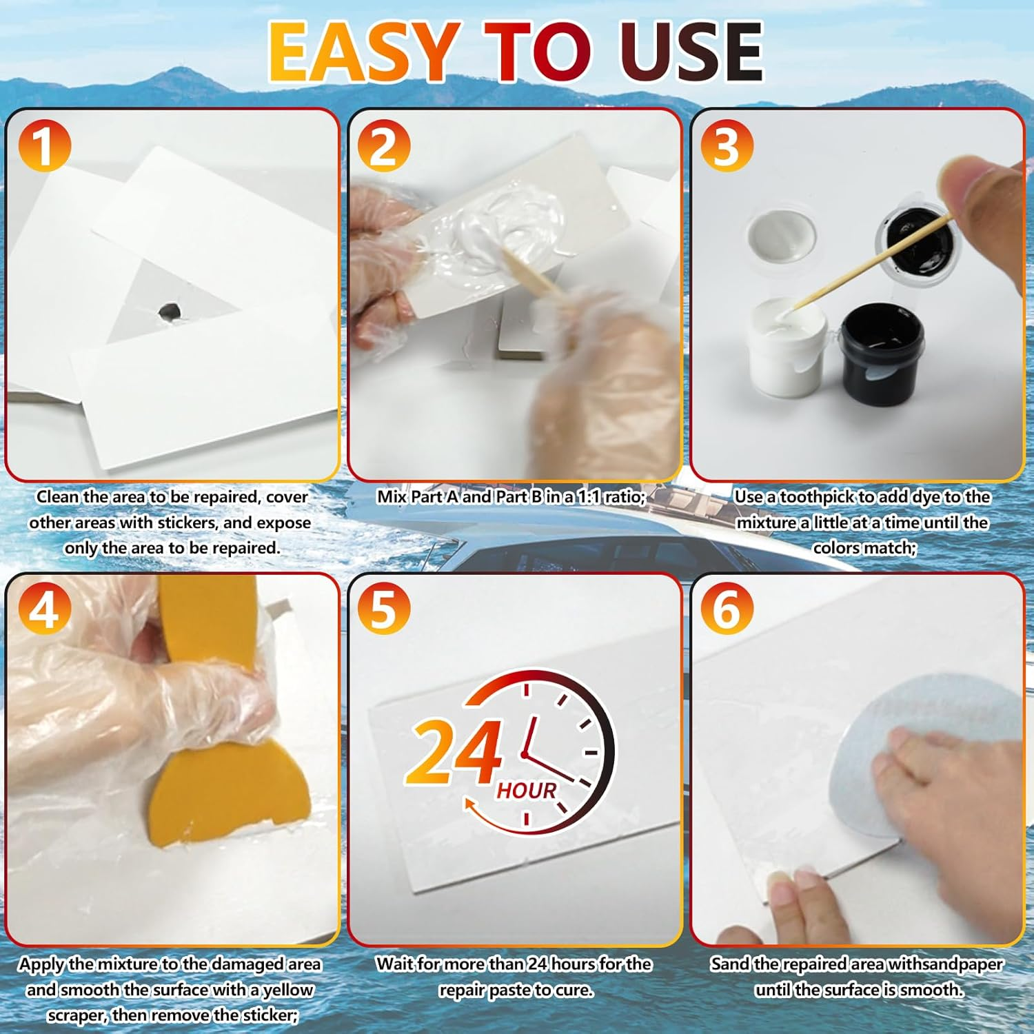 Marine Fiberglass Repair Kit for Boats, Gel Coat Repair Kit for Boats, Fiberglass Boat Repair Kit, Epoxy Filler for Fiberglass Boats, Fiberglass Kit Fix Holes Chips Pits and Deep Cracks (Color Match)