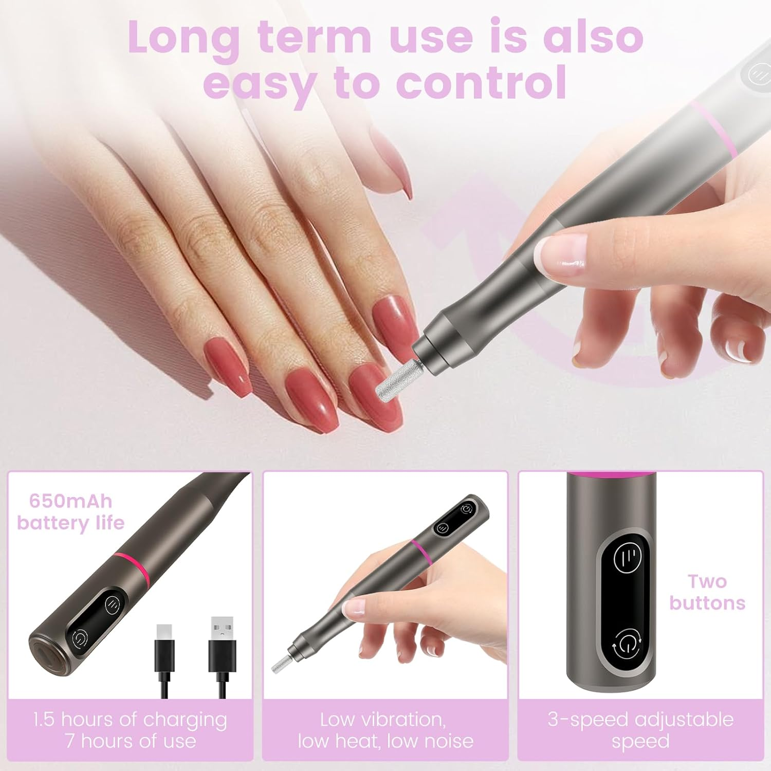 Cordless Nail Drill Set Multipurpose Safe Pedicure Manicure Machine Adjustable Nail Drill Machine Kit Easy to Use Cordless Electric Nail Drill Kit for Home Usage(Grey) image number 4