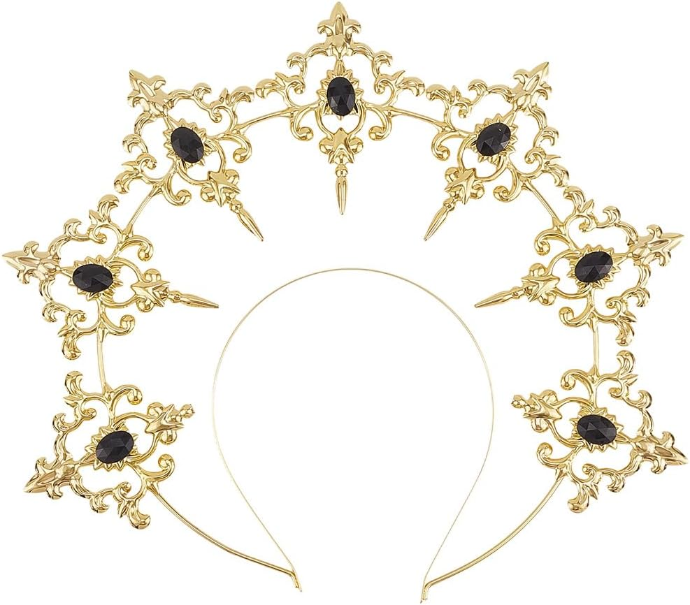 CABODYALS Gold Crown Style Halo Headband Crystal Golden Goddess Tiara Royal Princess Fairy Hair Decoration Accessories Plastic Hairbands for Women Wedding Halloween Bride Festival Party Performance image number 5