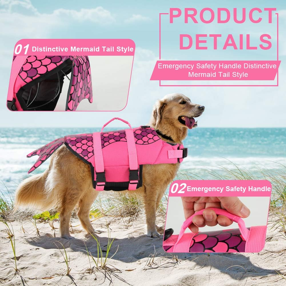 EMUST Mermaid Life Jackets for Dogs, Adjustable Small/Medium/Large Dog Life Vest for Water Safety Pet Life Vest with Rescue Handle Safety Vest for Swimming Pool Beach Boating, L image number 6