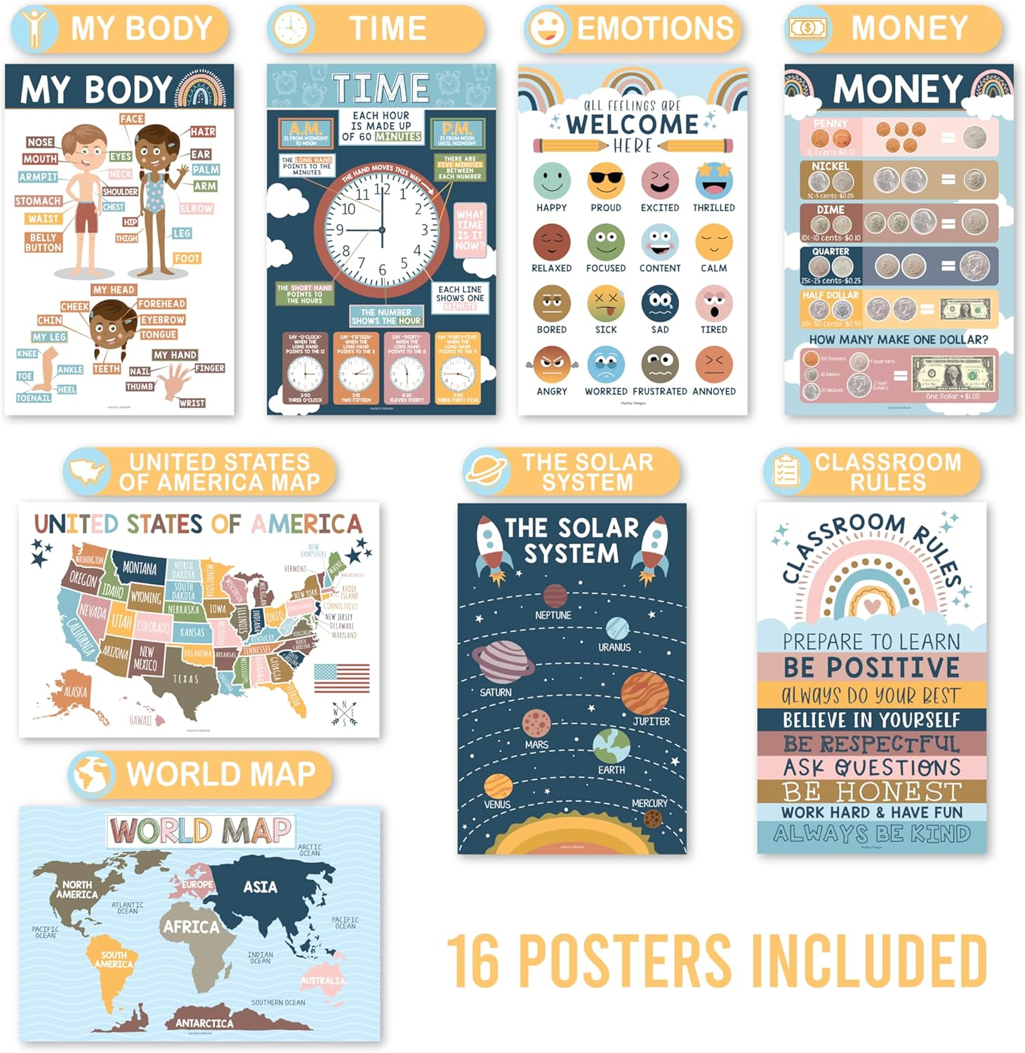 Hadley Designs 16 Boho Kids Educational Posters for Toddlers - Teacher Posters for Classroom Posters Elementary, Pre K Learning Posters for Toddlers 1-3 image number 6