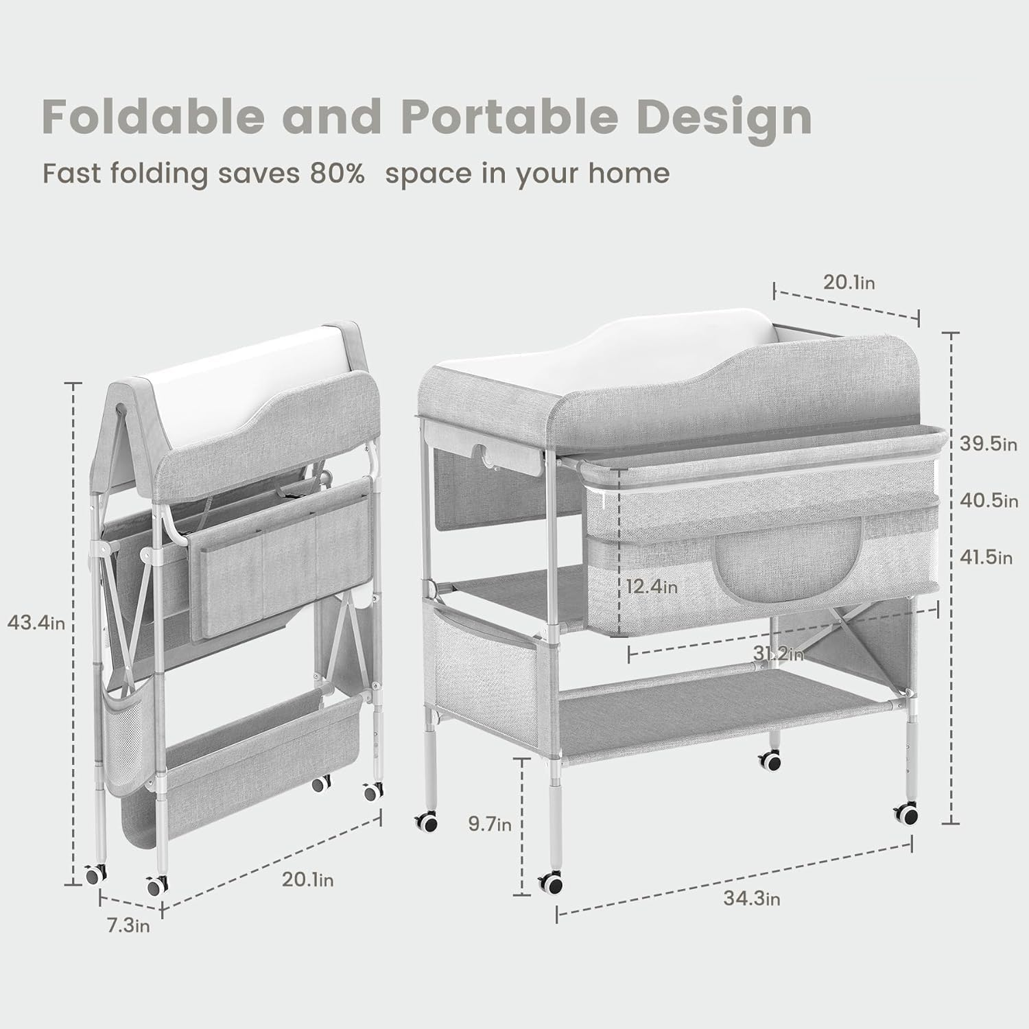 Portable Baby Changing Table, Folding Mobile Nursery Organizer with Wheels, Waterproof Diaper Station Pad Topper for Infant, Large Storage Rack&Adjustable Height image number 2
