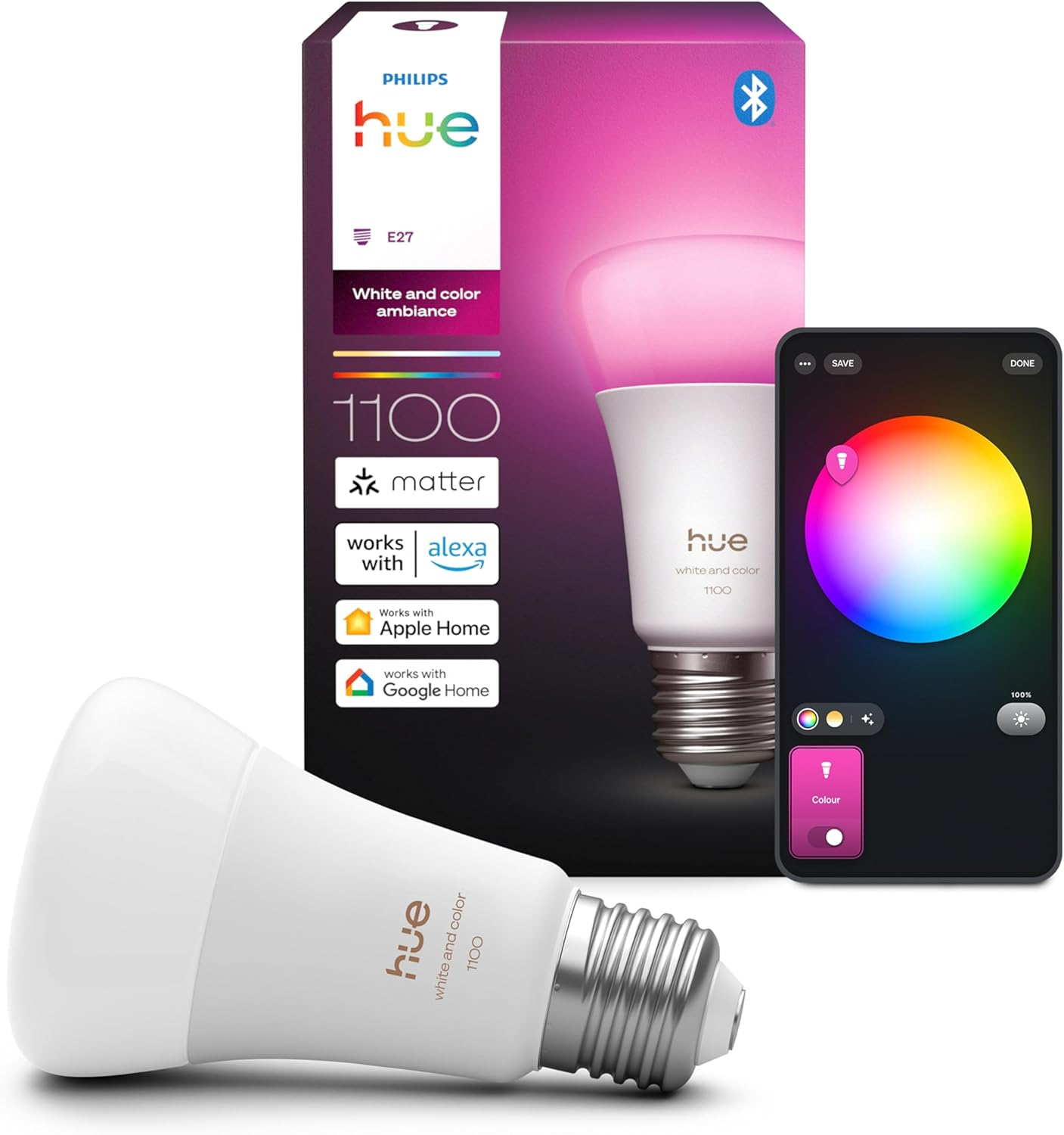 Philips Hue Smart LED A60 Bulb, White and Color Ambiance, E27 Base, 8.1W, Full Spectrum Light 1000K-20000K, 1100 Lumens, Dimmable, Compatible with Alexa, Google Assistant, and Apple Home, 1 Pack image number 2