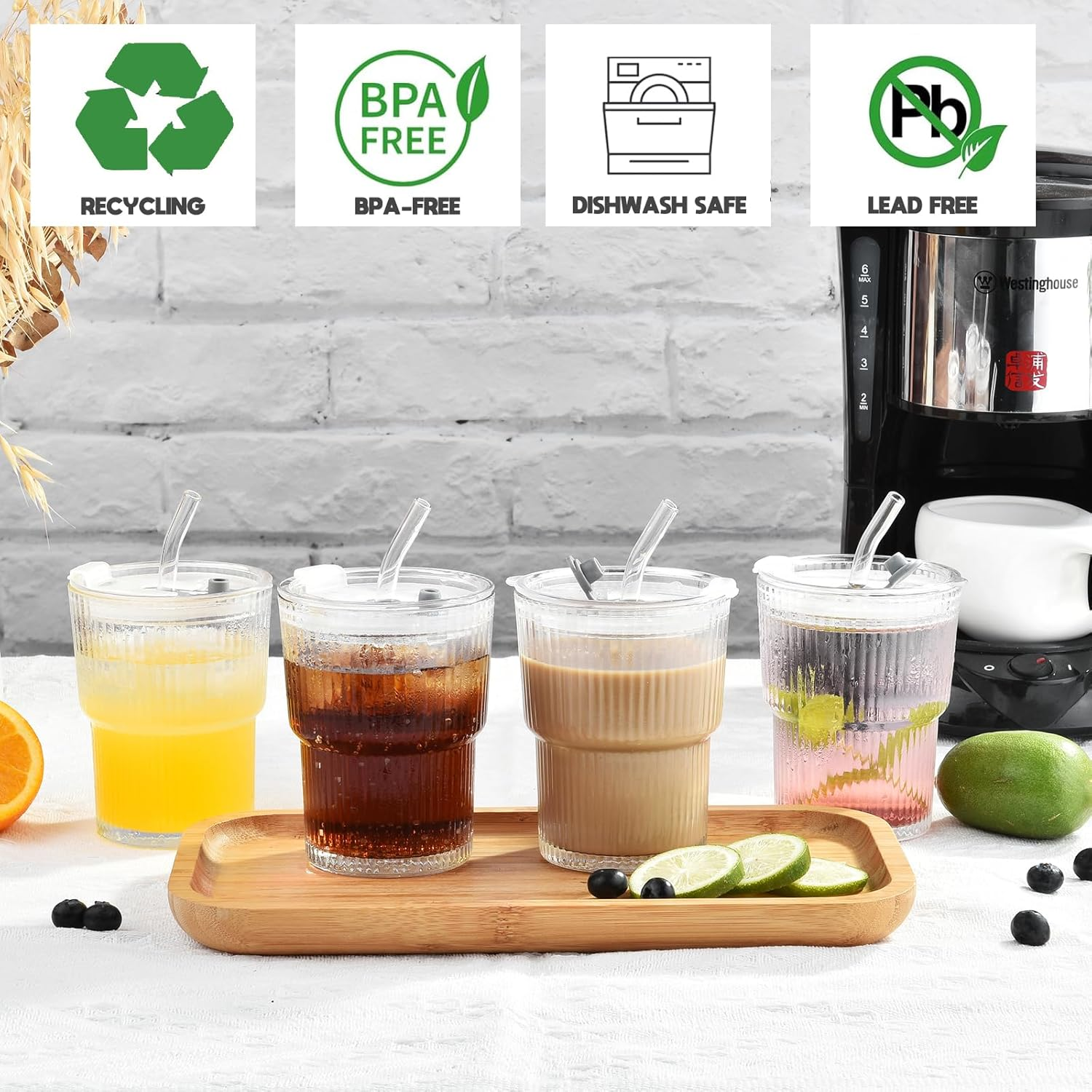 VITEVER 2-Pack 380Ml Glass Cups with Lids and Straws, Iced Coffee Cup with Straw, Airtight Waterproof Design Coffee Travel Mug, Smoothie Cups image number 4