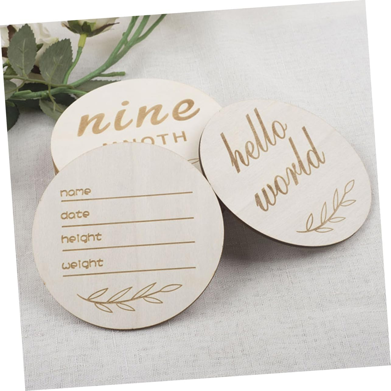 HOODANCOS 12Pcs Wooden Birth Announcement Sign Welcome Newborn Photo Prop Nursery Decorative Name Plate Handwritten round Sign image number 2