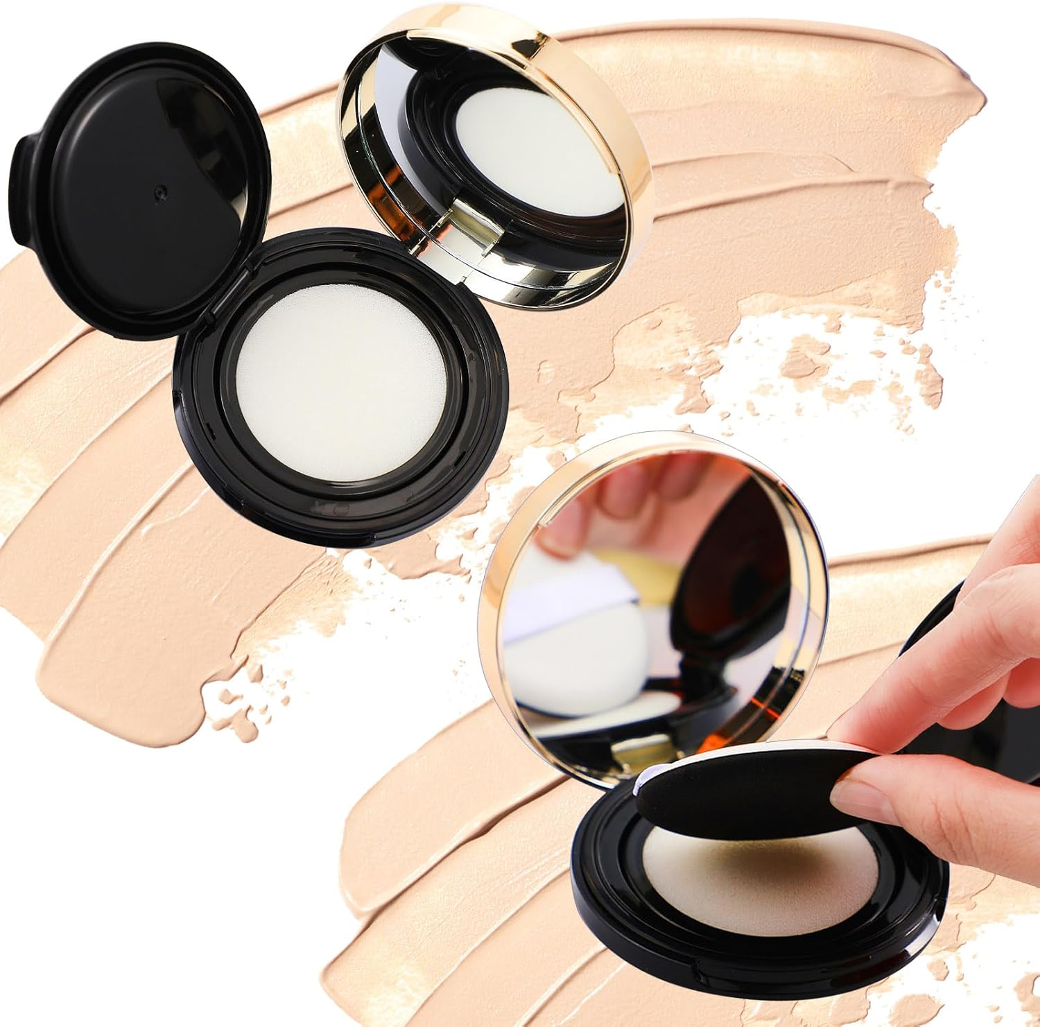 Patelai 7 Pcs 0.5Oz Black Empty Luxurious Air Cushion Puff Box with Sponge Puff and Mirror, Portable Make-Up Powder Container Case with Extra Sponges and Puffs, Refillable Foundation Bb Cream Box image number 5