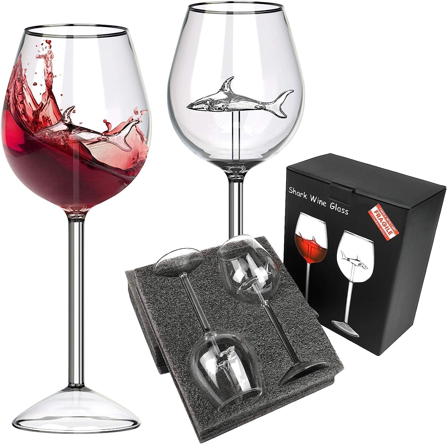 Set of 2 Wine Glasses, Red Wine Set, Shark Wine Glasses, Red Wine Glasses with Shark Inside, Crystal Flutes, Goblets, Novelty, Gift for Adults, Home, Bar, Party, Christmas Party image number 6