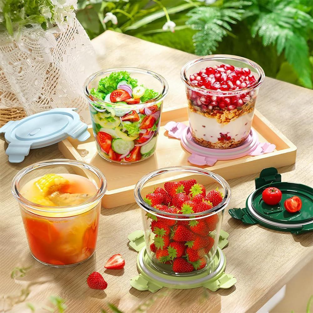4 Pack Glass Meal Prep Containers with Airtight Lids, Leak-Proof Soup Stew Food Storage & Meal Prep Container, Reusable Glass Soup Containers Overnight Oats Containers for Leftover, Soup, Fruit
