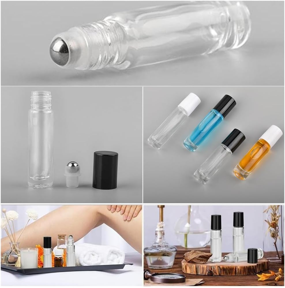 Essential Oil Roller Bottles, 10Pcs Clear Essential Oil Roller Bottles, 10 Ml Glass Roller Bottles with Stainless Steel Roller Balls, Leak Proof Roll Bottles for Aromatherapy & Facial Body Care