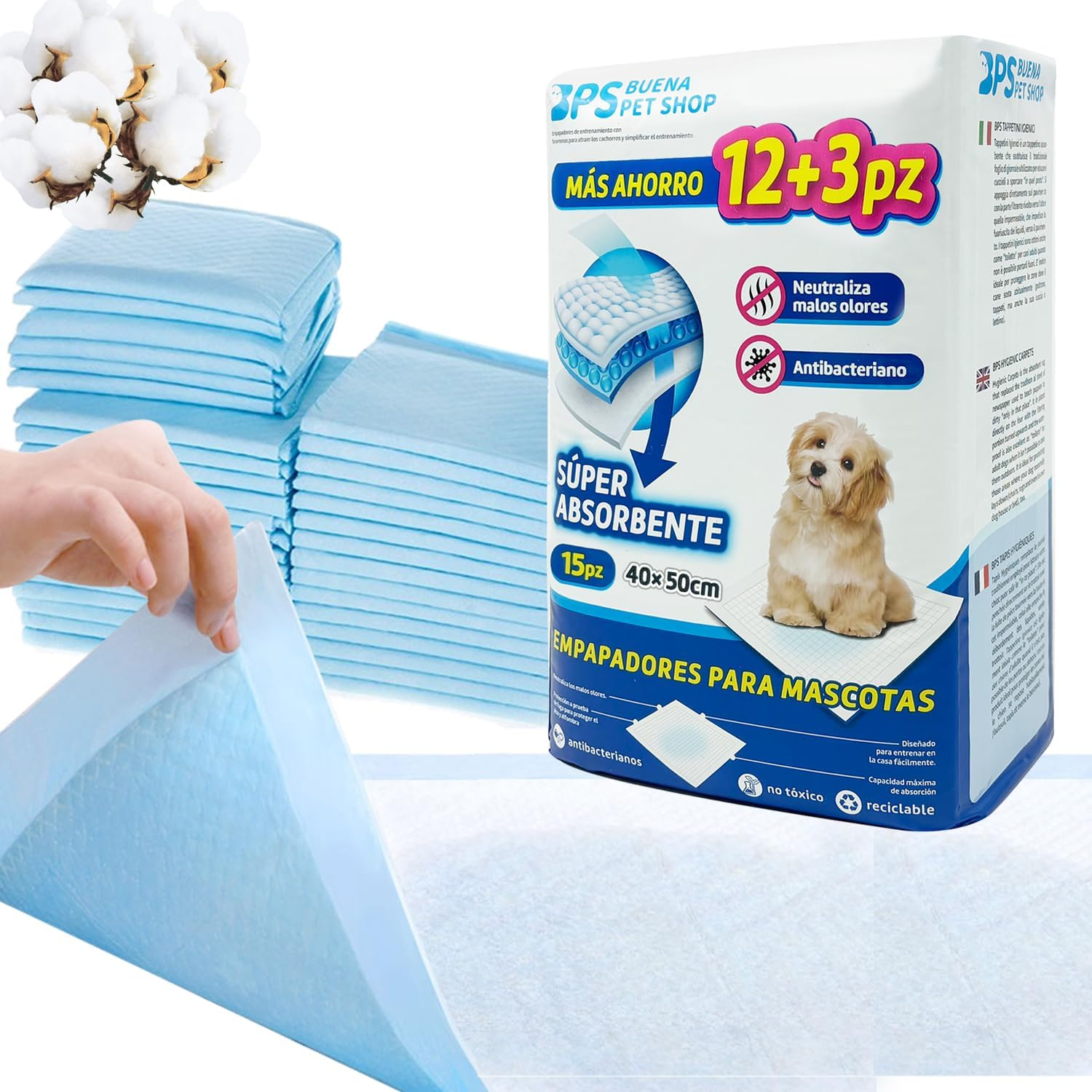 BPS Training Pads for Dogs and Cats (Pack of 15, 40 X 50 Cm, Blue, Polyethylene, Cellulose) image number 4