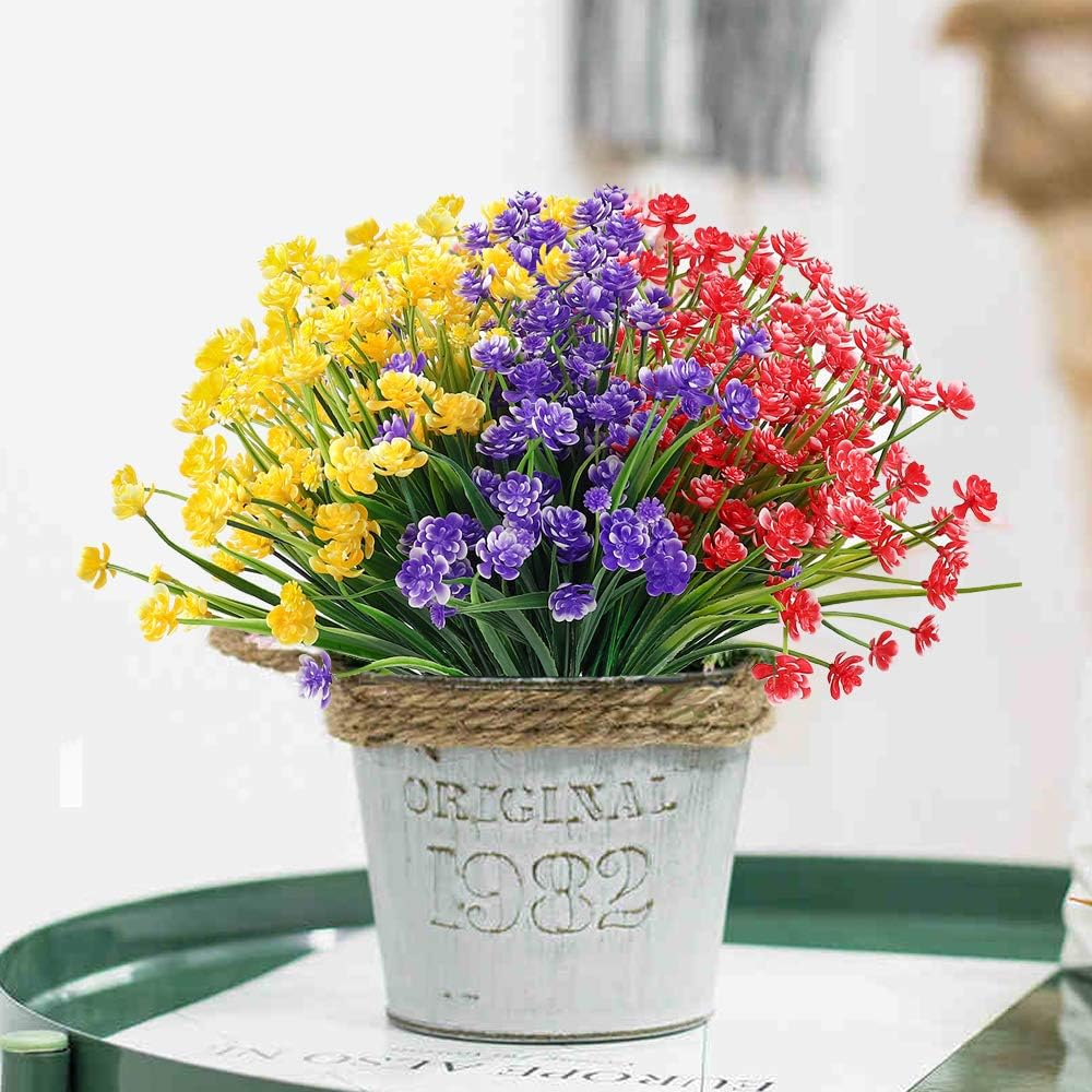 TELDRASSIL 9 Bundles Artificial Flowers Outdoor UV Resistant Fake Plastic Flowers Faux Plastic Shrubs for Indoor Outdoor Window Home Garden Decoration - Blue Purple Yellow image number 7