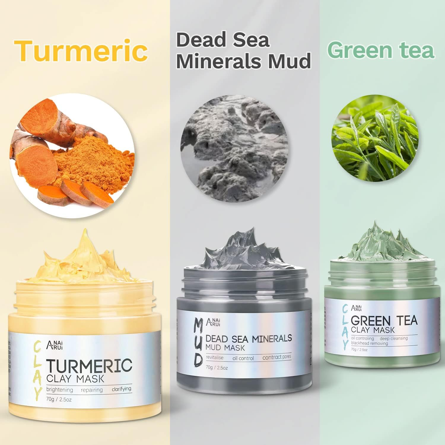 ANAI RUI Turmeric Clay Mask - Green Tea Clay Mask - Dead Sea Minerals Mud Mask, Spa Facial Mask Set, 2.5 Oz Each image number 6