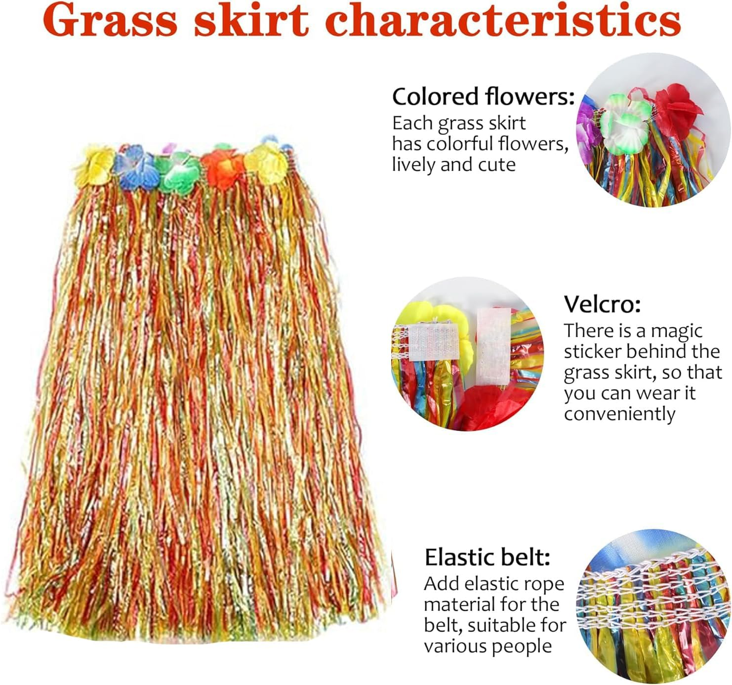Grass Skirt Hawaiian Luau Hula Skirts Party Decorations Favors Supplies Multicolor Grass Skirts for Adult Elastic Hibiscus Flowers Tropical Skirt, Birthdays, Celebration 60CM 10Pack, Multicolored image number 1