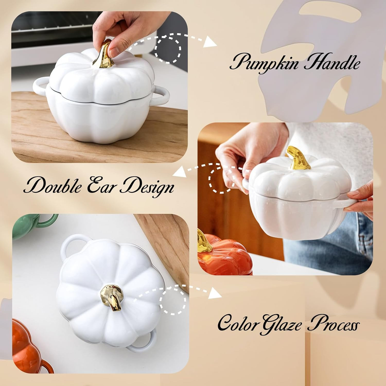 Cute Bowl with Lid, 15 Ounce Ceramic Pumpkin Soup Bowl with Handle, Microwave & Dishwasher Safe Pumpkin Dish Soup Cereal Bowl, Decor Dinnerware for Home Thanksgiving Halloween Party (White) - Green image number 4