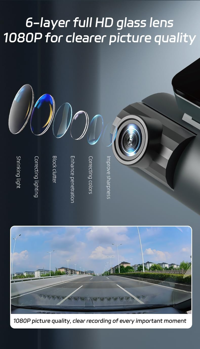 3 Channel Dash Cam Front and Rear inside for Cars, Full UHD Car Camera Front Rear with 32GB Card, Car Camera with IR Night Vision, 170&deg;Wide Angle, G-Sensor, 24H Recording, Loop Recording image number 4