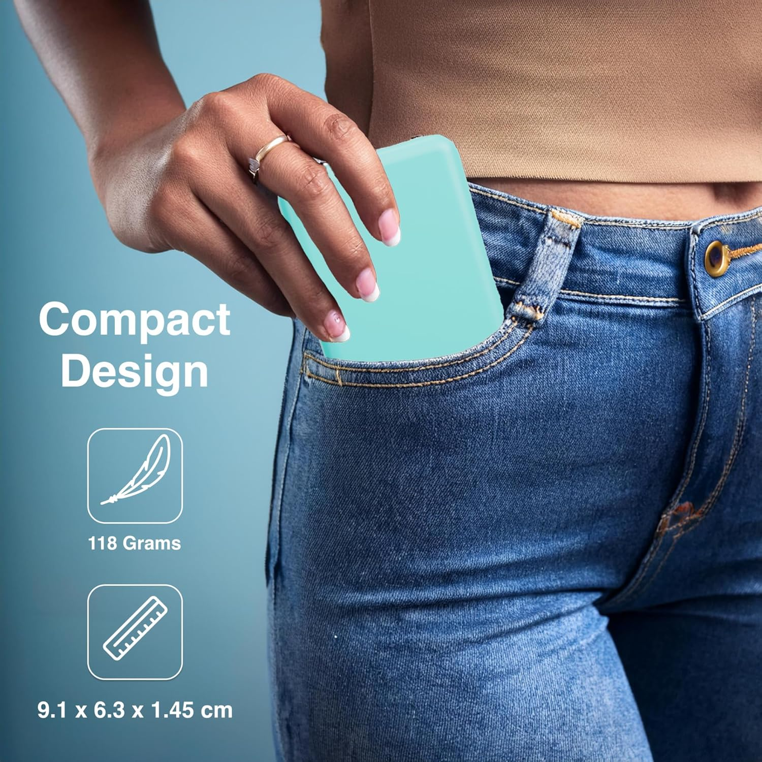 Laser 5000Mah Powerbank Dual USB-A, USB C Charger Ports, 118G Portable Charger, LED Display, 10W, 3-In-1 Cable, Compatible for Iphone15/14/13/12/Pro Max, Samsung, Ipad, Apple Watch, Tablet - Aqua image number 6