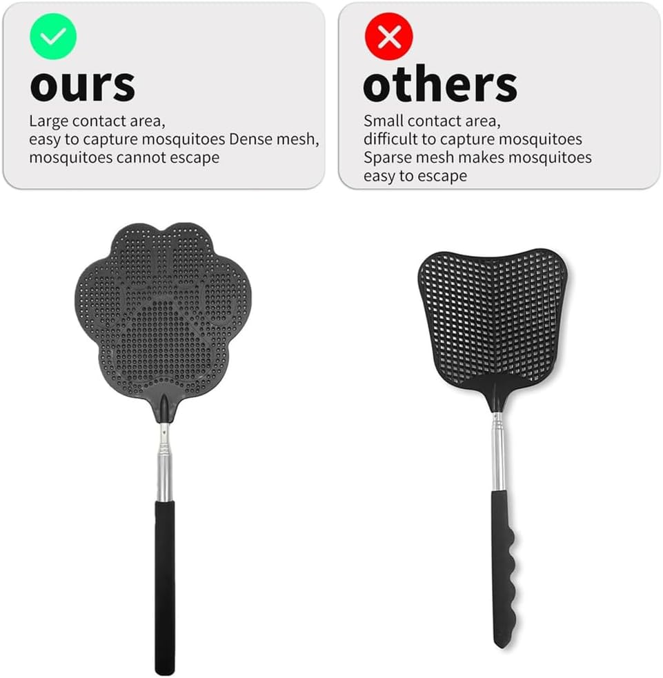 Telescopic Fly Swatter,Durable Stainless Steel Handle,Heavy Duty Black Bug Zapper Racket, Upgraded Plastic Fly Swatter Set for Indoor Outdoor Home Hiking Camping Garden (1) image number 3