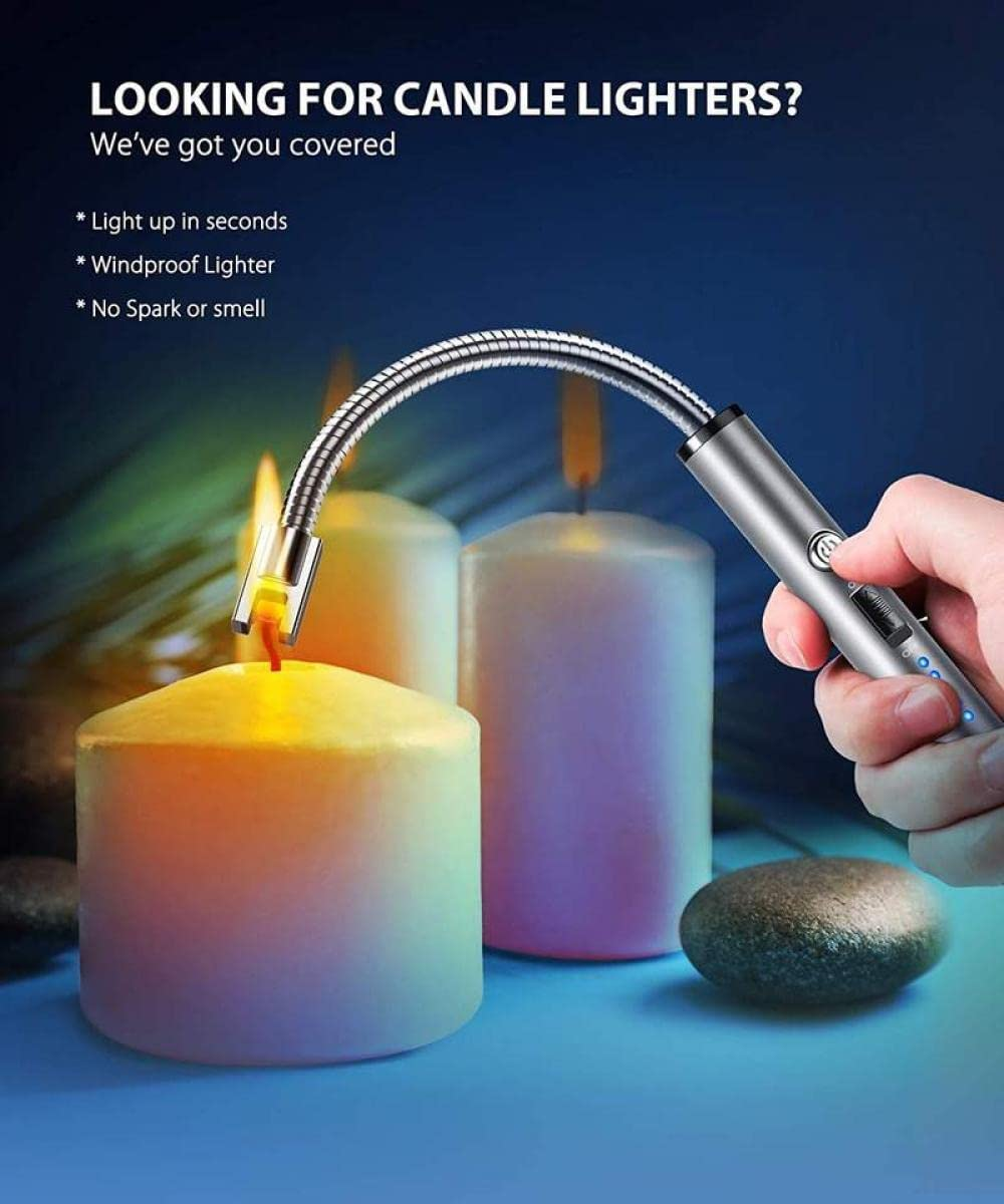 Rechargeable Electric Lighter, Kmest Upgraded Candle Lighter, Windproof Safety Switch, 360ｰ Flexible Long Neck USB Plasma Lighter for Household Camping Cooking BBQ Fireworks Flame (Silver) image number 2