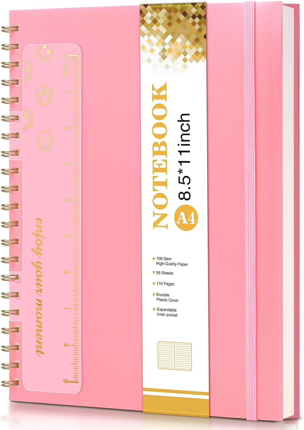 Gemuity A4 Spiral Notebook 8.5 X 11 Inch &ndash; 110 Pages 100 GSM High-Quality Paper, with Transparent Ruler, Durable Plastic Cover & Expandable Inner Pocket for Study/Office Use