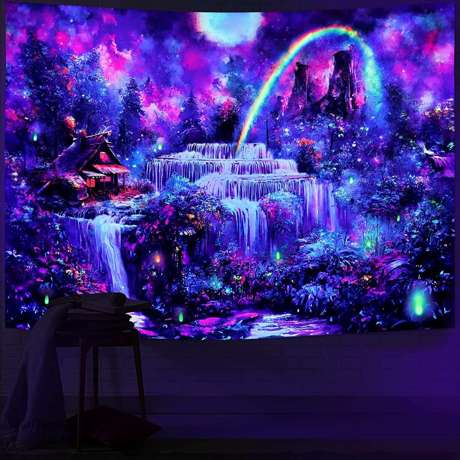 Wonrizon Blacklight Fantasy Forest Tapestry, Waterfall Rainbow Misty Jungle Plants Tapestries UV Reactive Wall Hanging Glow in the Dark Nature Landscape Decor for Bedroom Living Room (Waterfall image number 1