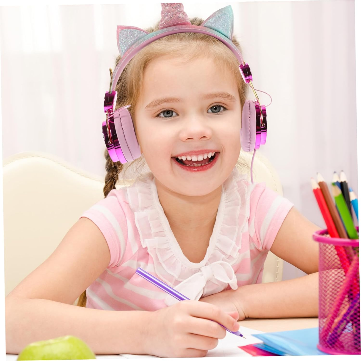 HOMSFOU Unicorn Headphones with Microphone for Travel and School Wired Headset with Plug Compatible with Smartphone Tablet Computer Cute Rhinestone Design for Boys image number 4