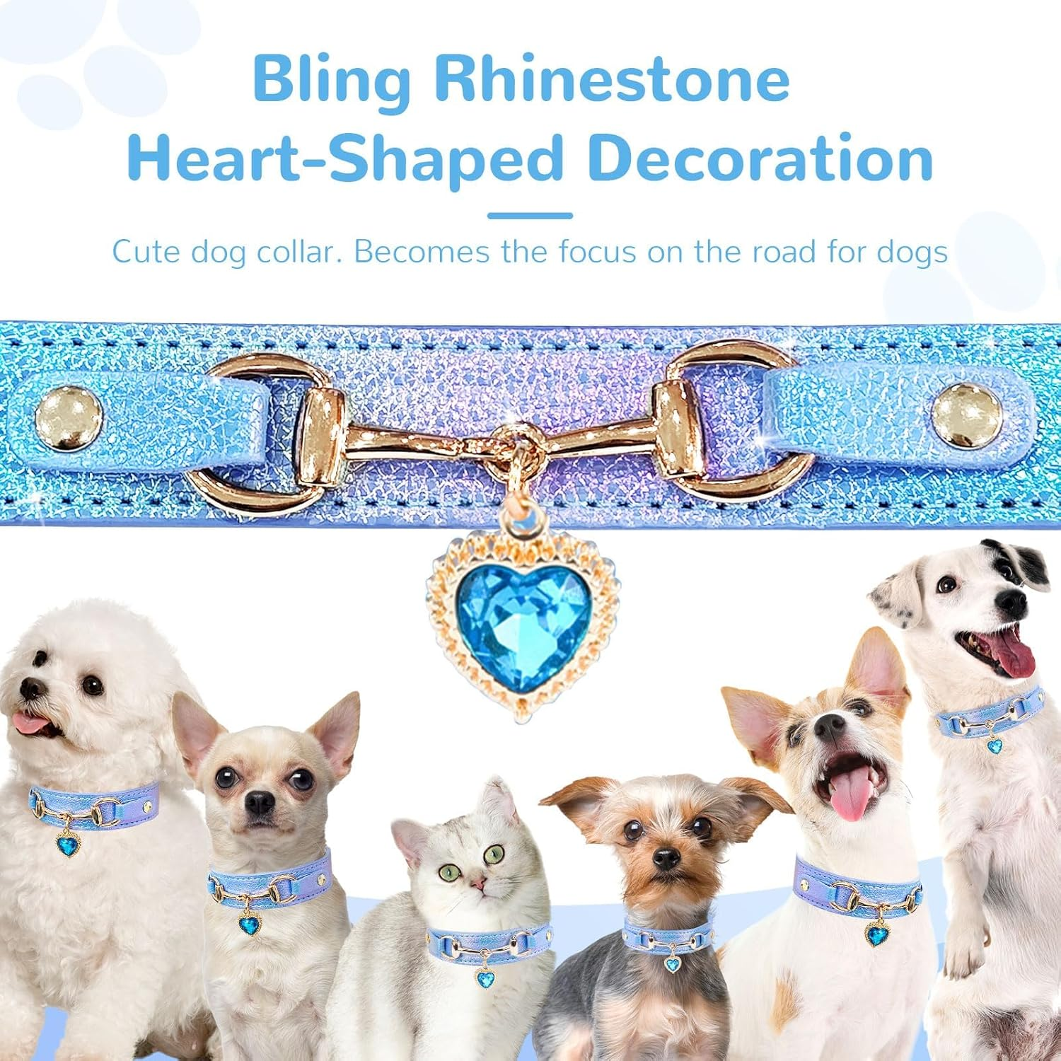 Cute Small Dog Cat Collar, Unique PU Leather - Bling Sparkle in the Sunlit, Puppy Collars with Rhinestone Heart Pendant, Pet Dog Necklace Collar Chihuahua (Blue, XS (Neck 8"-10")) image number 5