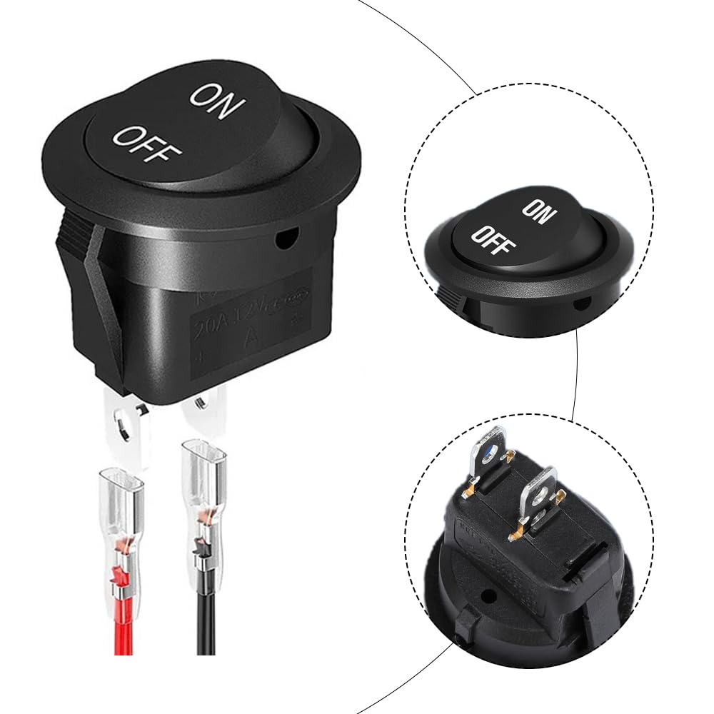 12V Circular Toggle Switch, 2-Pin SPDT, 20A/12V DC, 10A/125V AC, Black, Manual, Snap-In Mount, Hinge Lever, ON-OFF image number 1