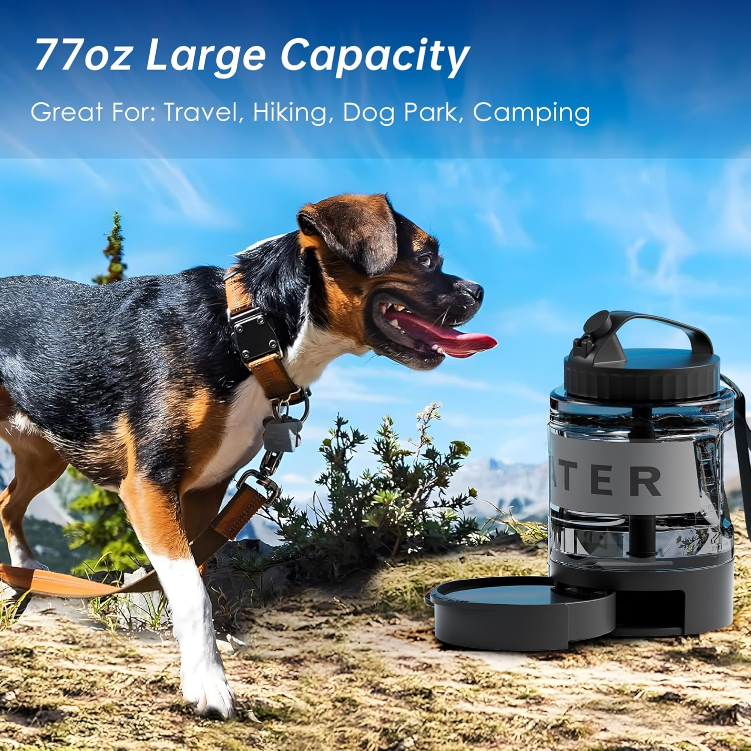 77Oz Dog Water Dispenser with Pull-Out Bowl for Walking, Hiking, Camping - Portable Large Pet Bottle for Outdoor - BPA Free - Black image number 3