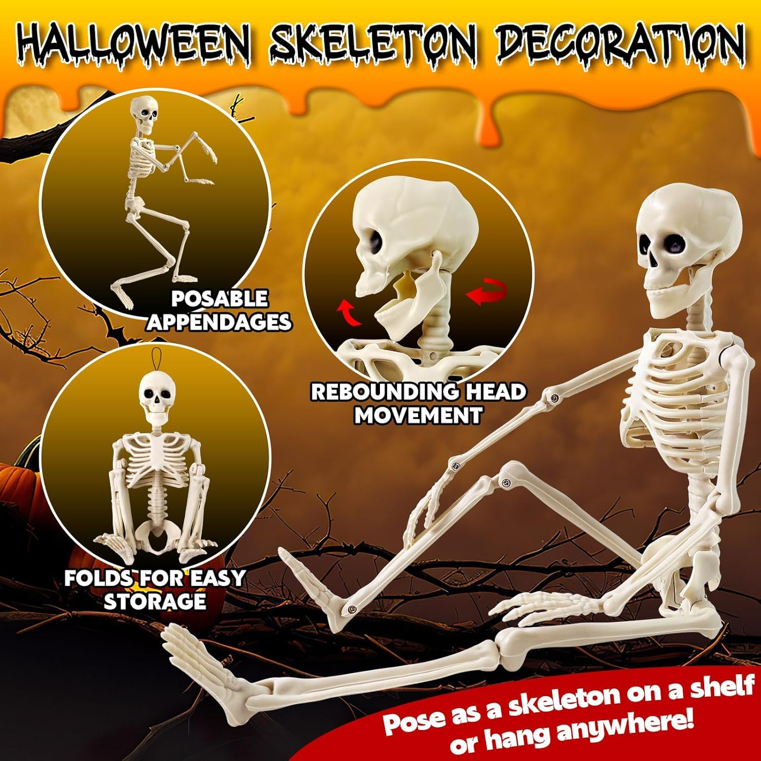2 Pcs Halloween Skeleton Decorations, 16 Inch Full Body Skeletons Realistic Human Plastic Bones with Posable Joints, Hanging Spooky Skeletons for Halloween Indoor Outdoor Party Home Decor image number 3