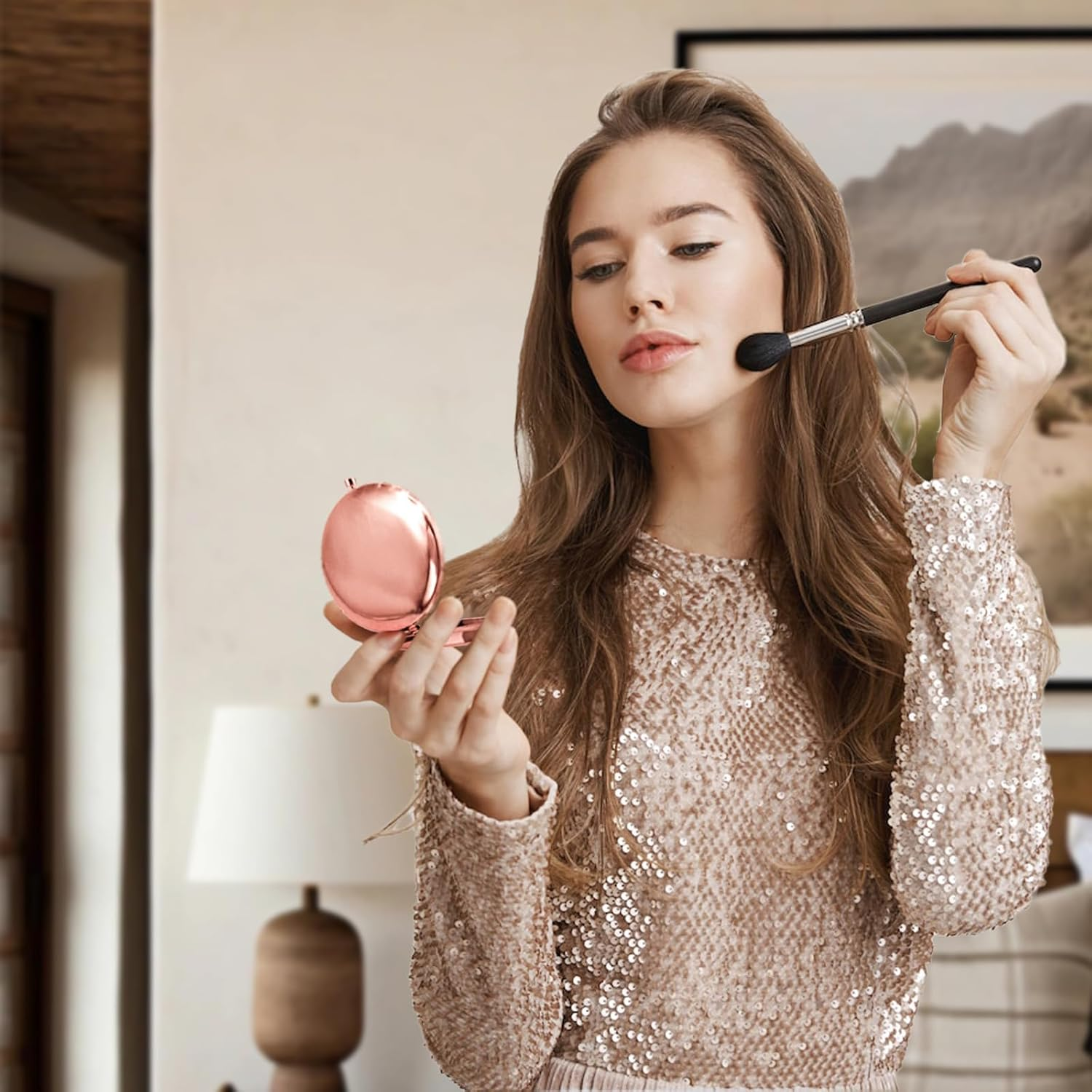 Luckyopt Compact Mirror, Metal Double Sided Handbag Mirror with 1X/2X Magnification, Undistorted round Compact Mirror for Women for Travel, Handbags, Purses (Bronze) image number 2