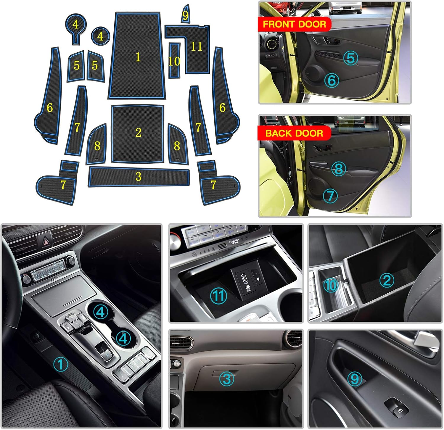 CDEFG Compatible with Hyundai Kona Electric 2021 2022 Rubber Anti-Slip Mats Door Slot Non-Slip Anti-Dust Cup Holder Mat Arm Box Storage Pads Car Interior Accessories (Blue) - Electronic Automatic-Petrol Black image number 2