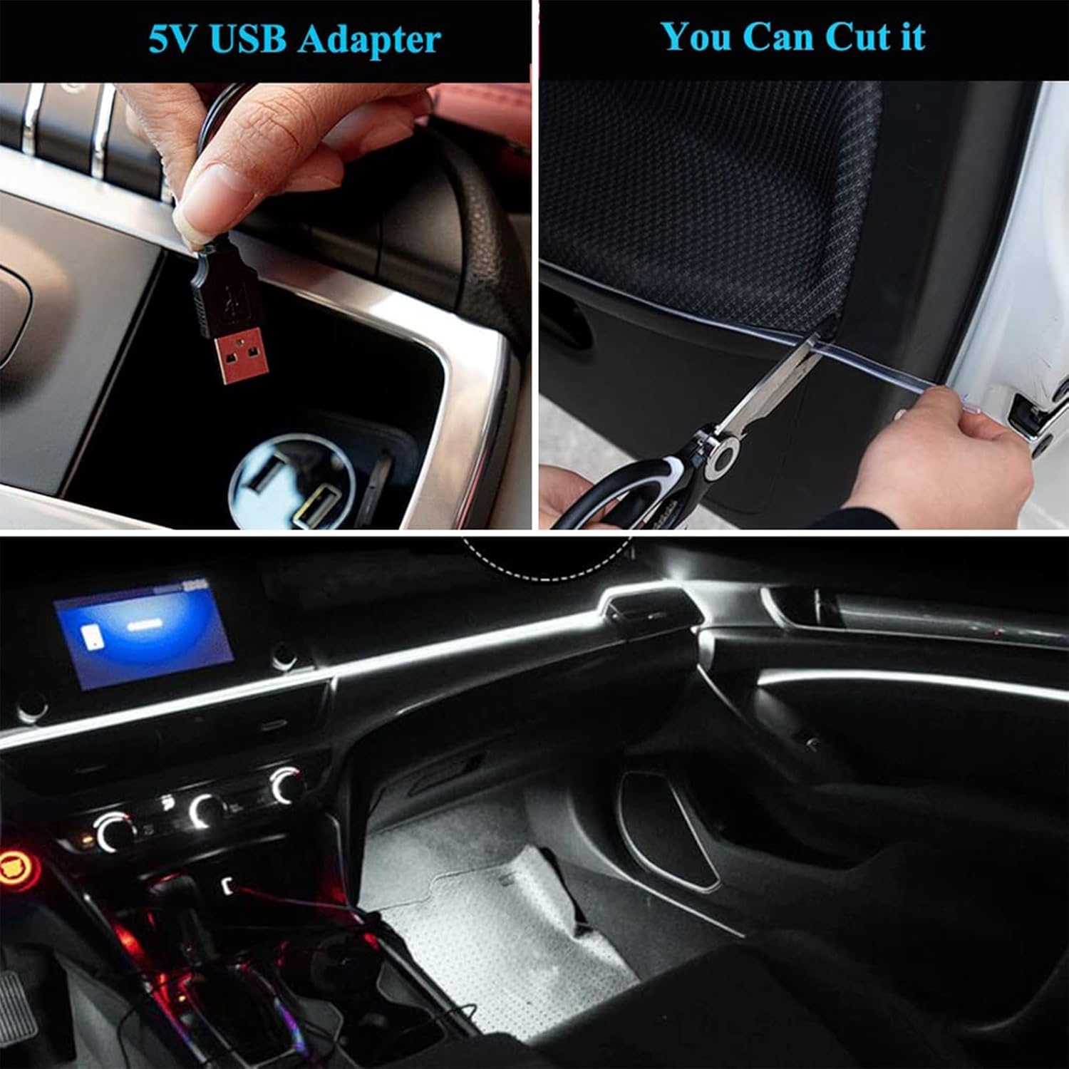 5M EL Wire Car LED Interior Strip Light USB Neon, USB Powered Neon Ambient Light Kits for Auto Indoor Gap Decorations Dashboard Accessories & Decor (White) - White image number 3