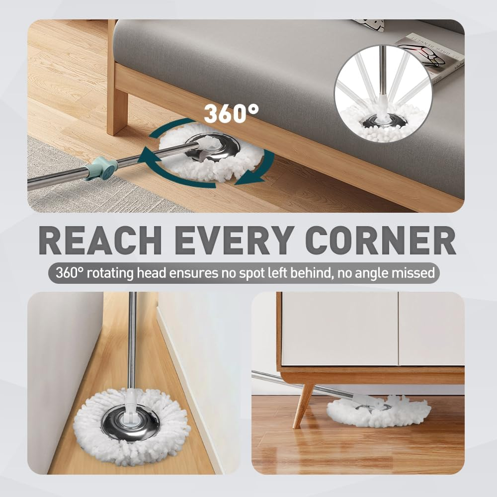 ZUNI 360&deg; Spin Mop and Bucket Set with 3 Microfiber Replacement Head Refills, Wet Dust Mop Set with Adjustable Stainless Steel Handle, Spinning Mop Bucket for Home Cleaning, Green - Green image number 4