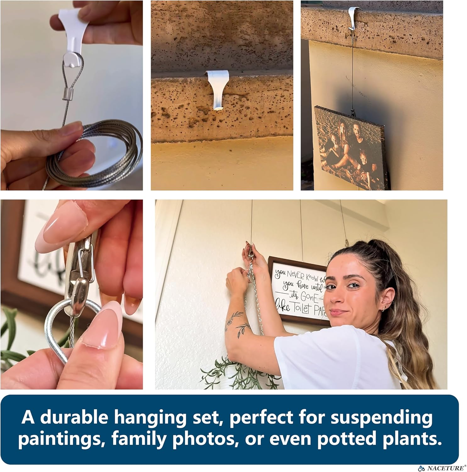 Picture Hanging Kit &ndash; Picture Rail Hooks with 12 of Each White Rail Hooks, 72 Inch Invisible Loop Cord, 12 Adjustable Hooks &ndash; Stainless Steel Picture Molding Hangers Nylon and Steel Cable image number 3