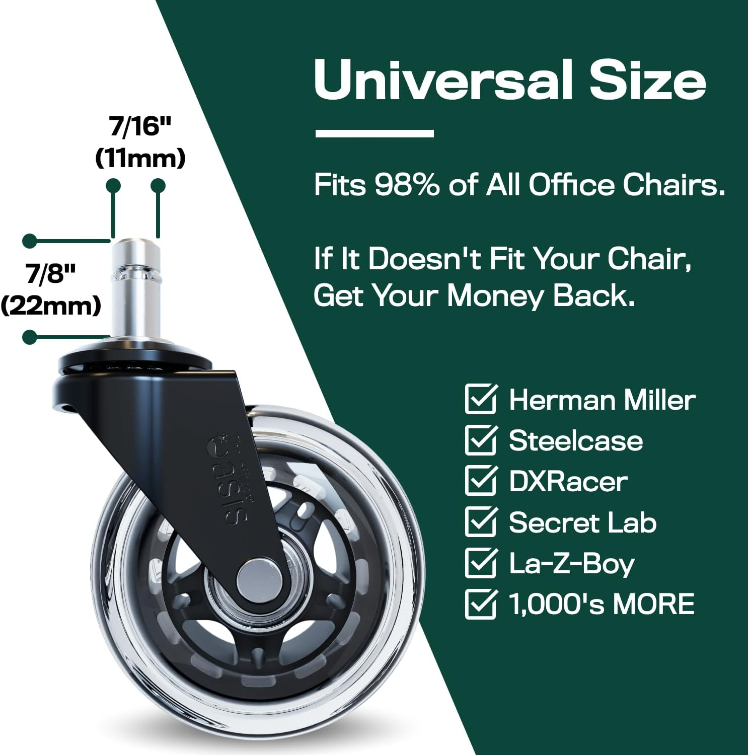 The Original Office Chair Caster Wheels Rollerblade Style (Set of 5), Safe for All Floors & Hardwood, Replacement for Desk Floor Mat, Universal Fit image number 3