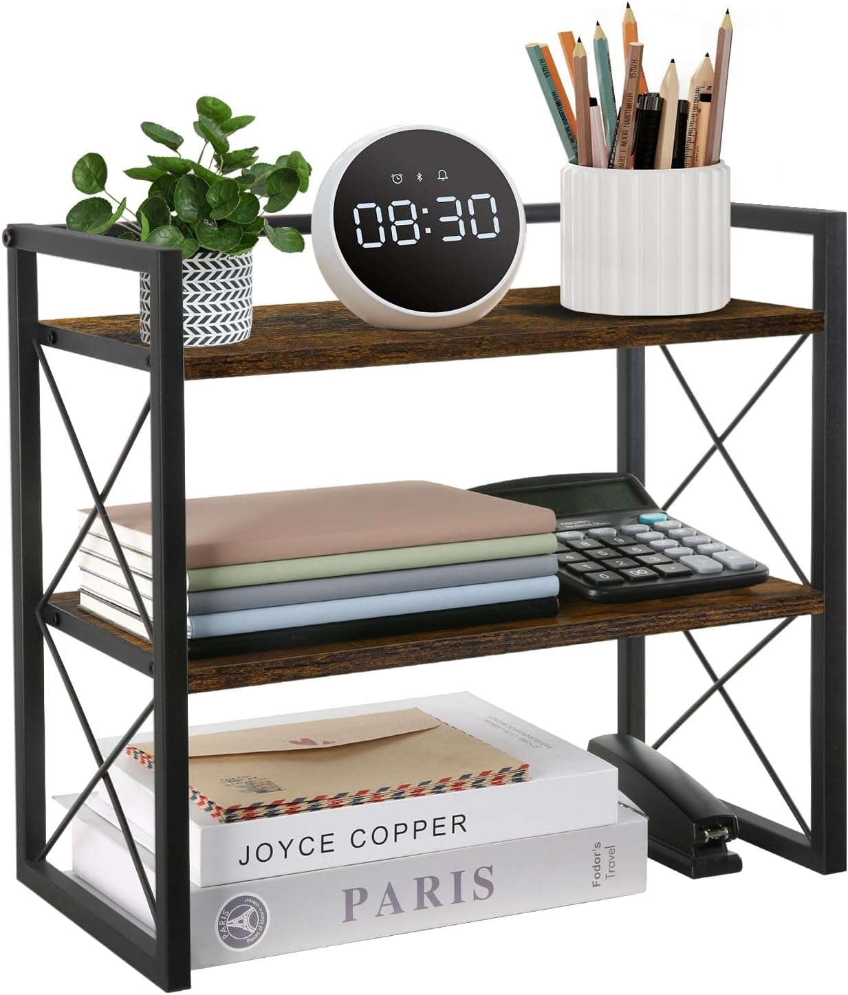 Desktop Shelf Organizer, 2 Tier Office Shelves, Wood Desk Organizer Storage Rack and Freestanding Display Shelf for Office, Dormitory, Home (Retro) image number 5