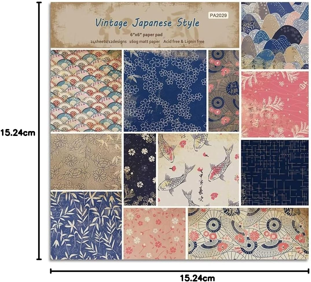 LZBRDY Vintage Japanese Style 6"X6" Junk Journal Decorative Craft Paper Pad, 24 Sheet Single-Sided Scrapbook Paper, 160GSM Cuttable Scrapbooking Card Making Album Supplies image number 2