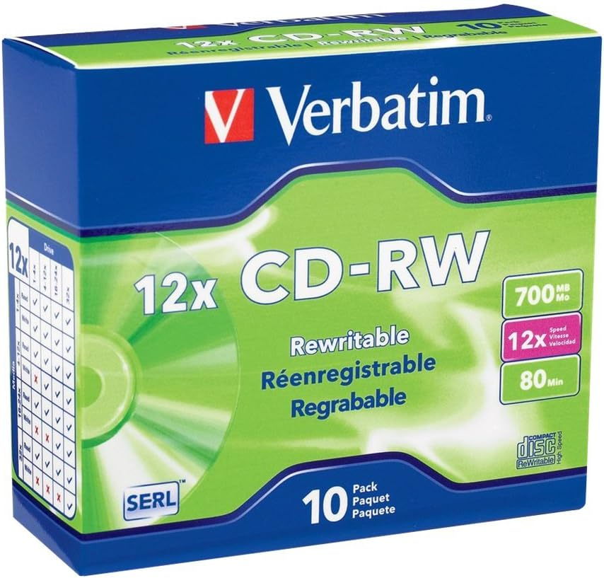 Verbatim CD-RW 700MB 2X-12X Rewritable Media Disc - 10 Pack Slim Case, Silver - 95156 image number 1