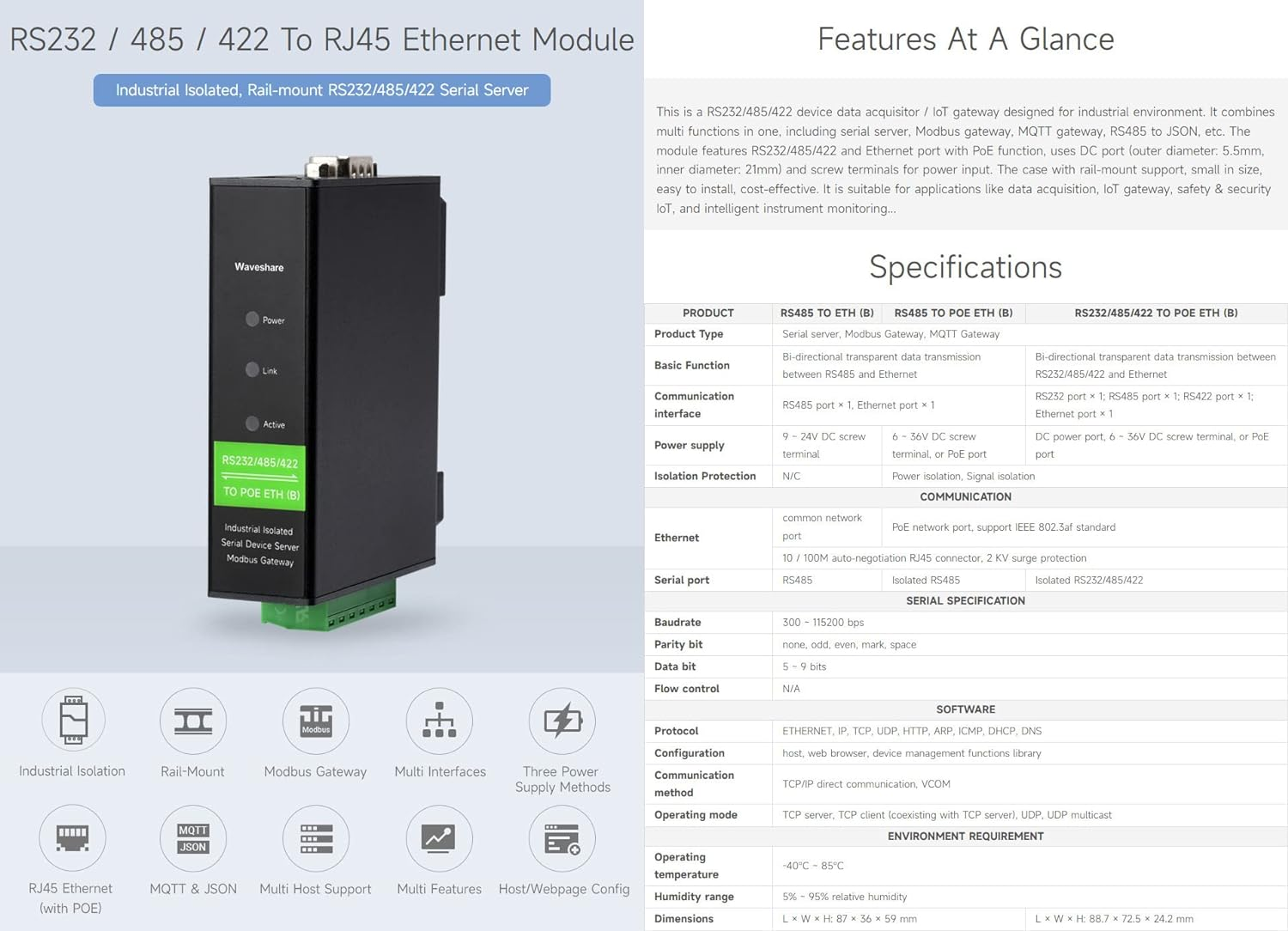 Waveshare Industrial Isolated Rail-Mount Serial Server, Modbus Support, RS232/485/422 to RJ45 Ethernet Module, TCP/IP to Serial, with POE Function image number 5